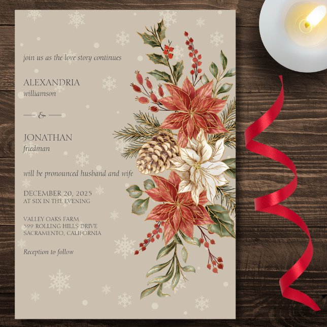 Red & Ivory Poinsettias i Snö på Taupe Bröllop Inbjudningar (Skapare uppladdad)