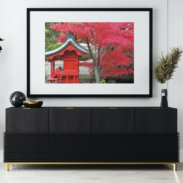 Red Japansk aple Löv och Garden Shrine Fototryck (In Situ Framed)