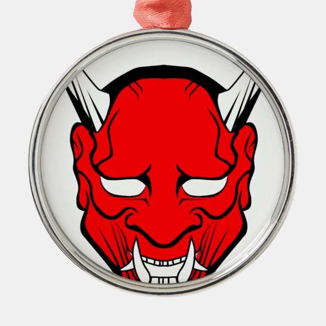 Red Japansk Hannya Mask Julgransprydnad Metall (Framsidan)