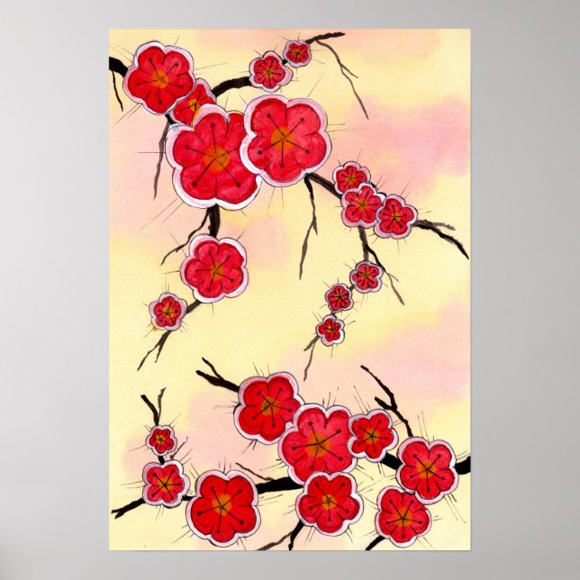 Red Japanska Cherry-Blommar Poster (Framsidan)