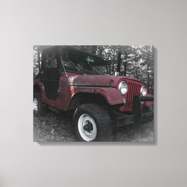 Red Jeep med svart och vit bakgrund Canvastryck (Framsida)