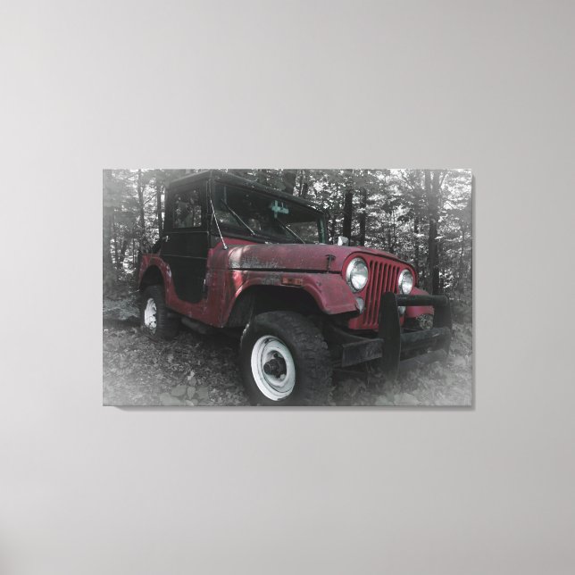 Red Jeep med svart och vit bakgrund Canvastryck (Framsida)
