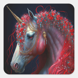 Red Jeweled Unicorn Fantasy Art Fyrkantigt Klistermärke