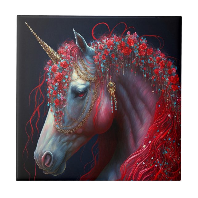 Red Jeweled Unicorn Fantasy Art Kakelplatta (Framsidan)