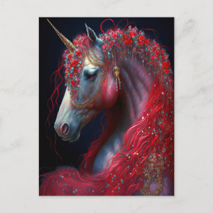Red Jeweled Unicorn Fantasy Art Vykort
