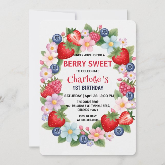 RED jordgubbe 1:a födelsedag Party för barn Inbjudningar (Framsida)