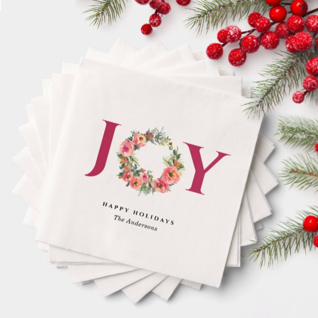 Red Joy Floral Wreath Botanical Christmas Party Pappersservett (Skapare uppladdad)
