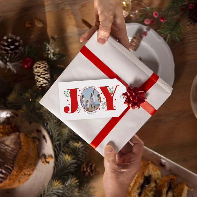 Red Joy med julfoto på bär Presentetikett (Skapare uppladdad)