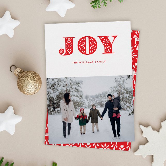 Red Joy Swedish Dala Horse Photo Helgdag Card Julkort (simple scandi style red JOY Christmas holiday photo card with one photo and patterned backer)