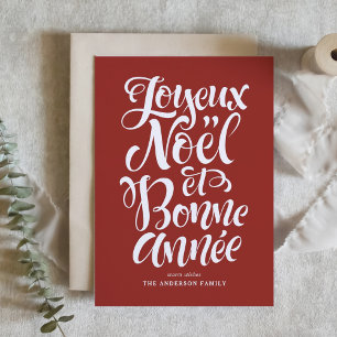 Red Joyeux Noël et Bonne Année Calligraphy Helgkort