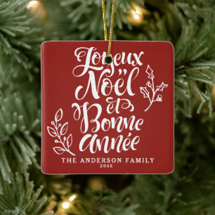 Red Joyeux Noël och Bonne Année Calligraphy Julgransprydnad Keramik