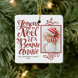 Red Joyeux Noël och Bonne Année Photo Julgransprydnad Keramik