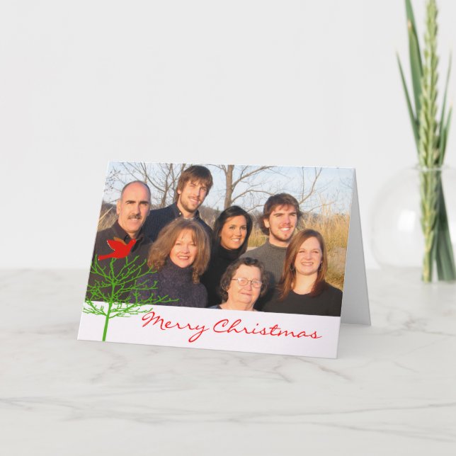 Red jul Bird Grönt Träd Ditt foto Helgkort (Framsida)