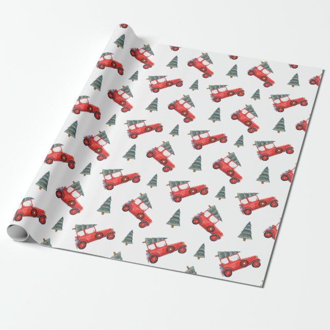 Red jul Lastbil Watercolor Helgdag Presentpapper (Utrullad)