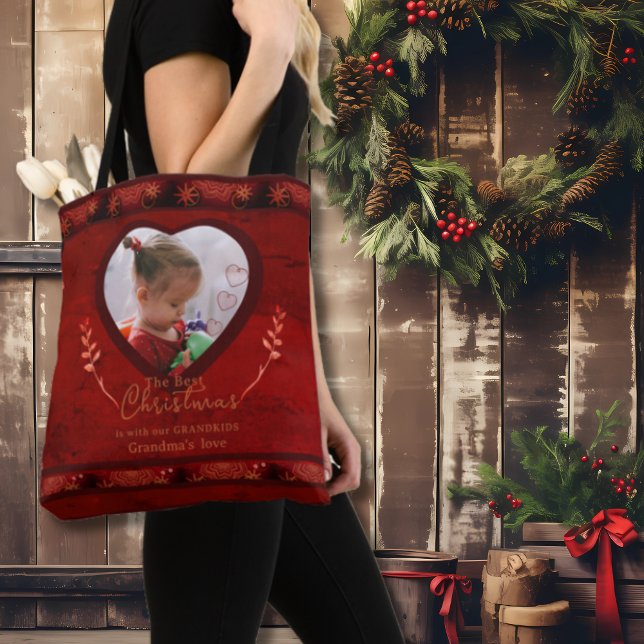 RED jul Photo Grandma Tygkasse (RED Christmas Photo Grandma Tote Bag)