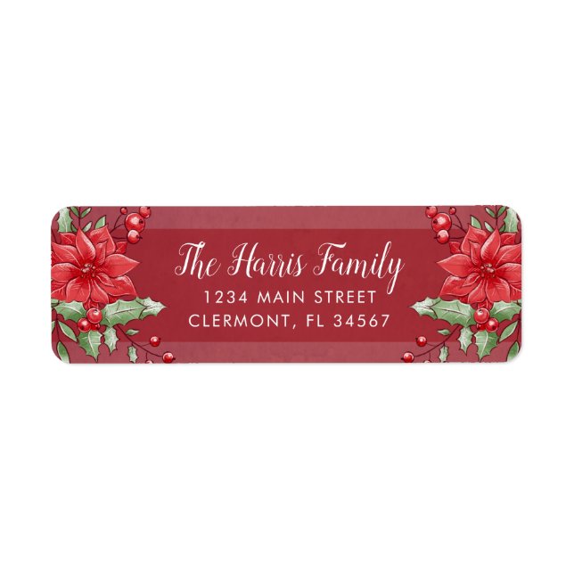 Red jul Poinsettia Holly Berry Label Returadress Etikett (Framsidan)