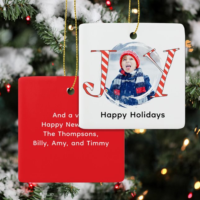 Red jul Rand Photo Joy Typography Julgransprydnad Keramik (Joy typography Christmas Photo Ornaments. )
