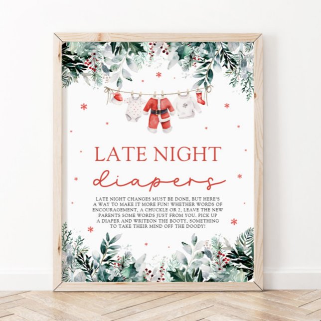 Red jul Santa Baby Shower Late Night Diaper Poster (Watercolor Red Christmas Santa Baby Shower Late Night Diapers Sign)