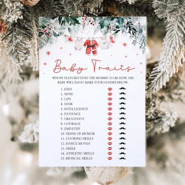 Red jul Santa Baby Traits Baby Shower Game Inbjudningar (Watercolor Cute Red Christmas Santa Baby Traits Baby Shower Game)