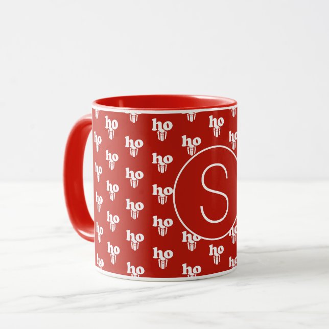 Red jul Santa Hälsning Ho Ho Ho Ho Monogrammed Mugg (Framsida vänster)