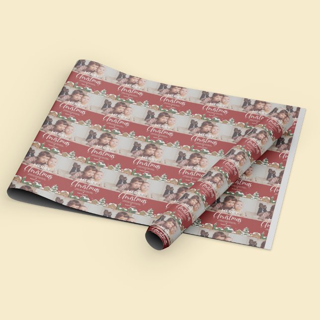 Red jul Village Family Photo Anpassningsbar Helgda Presentpapper (Red Christmas Village Family Photo Custom Holiday Wrapping Paper)