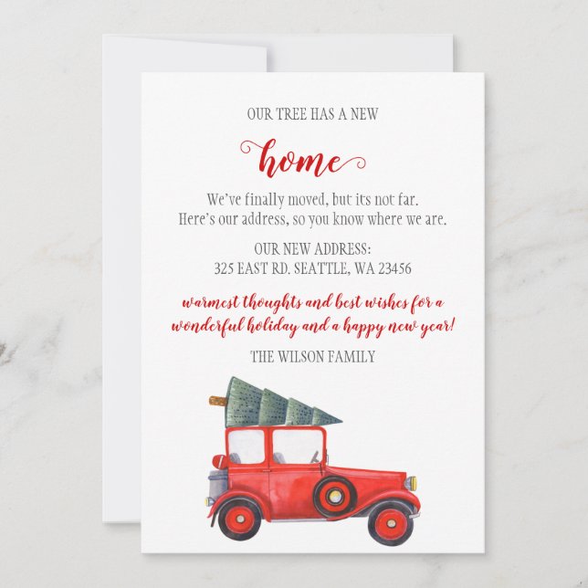 Red Julgran Car Vi har flyttat Helgdagskort (Framsida)