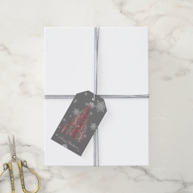 Red Julgran och Snöflingor Gift Märkre Presentetikett (Med Snöre)