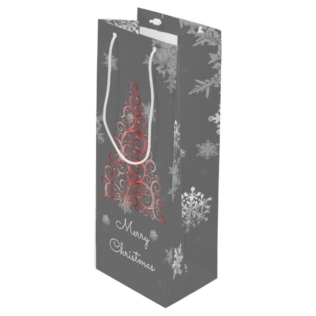 Red Julgran och Snöflingor Vin Gift Bag (Framsidan Vinklad)