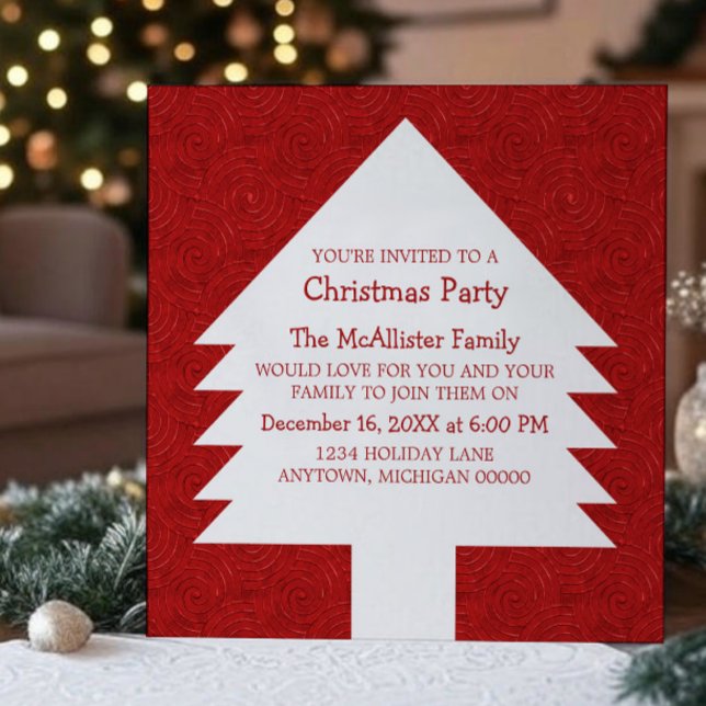 Red Julgran Swirls Party Inbjudan (Red Christmas Tree Swirls Party Invitation)