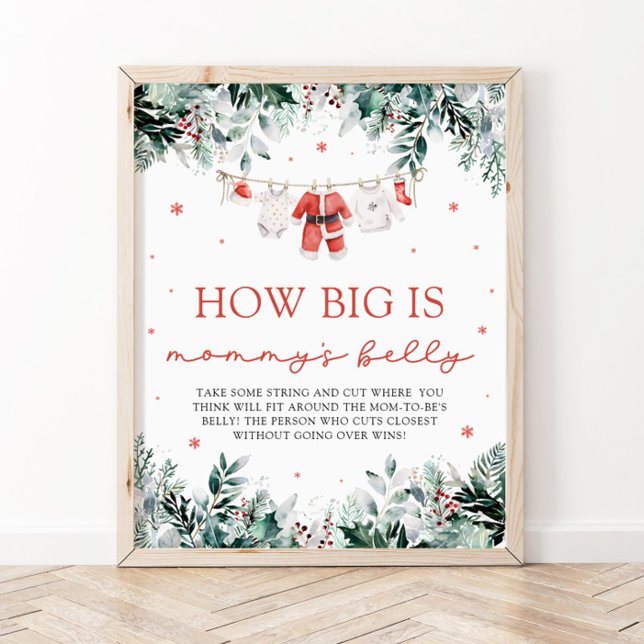 Red jultomten Baby Hur stor är Mamma Belly? Poster (Watercolor Red Christmas Santa Baby How Big Is Mommy's Belly Sign)