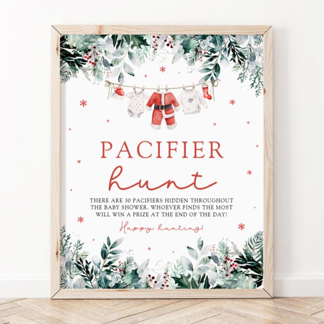 Red jultomten Baby Nappar Hunt Baby Shower Poster (Watercolor Red Christmas Santa Baby Pacifier Hunt Baby Shower Sign)