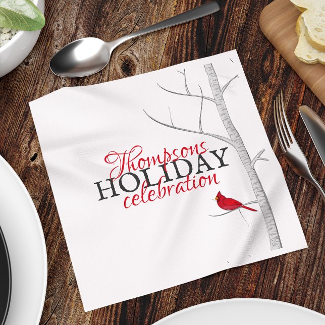 Red Kardinal Birch Träd Simple Winter Helgdag Pappersservett (Holiday red cardinal and birch tree holiday party paper napkin. )