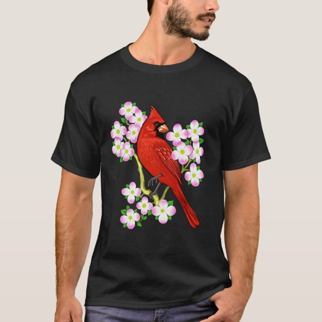 Red Kardinal Bird Dogwood Flower North Carolina VI T Shirt (Framsida)