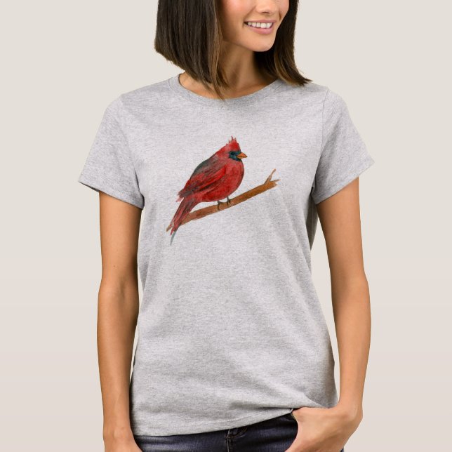 Red Kardinal Bird Watercolor Painting Tee Shirt (Framsida)