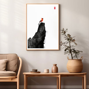 Red Kardinal Bird - Zen Bläck Tvättar Wall Poster