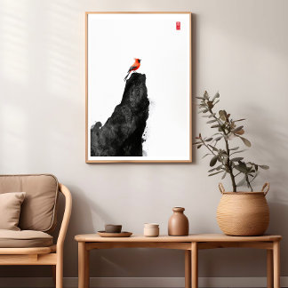 Red Kardinal Bird - Zen Bläck Tvättar Wall Poster