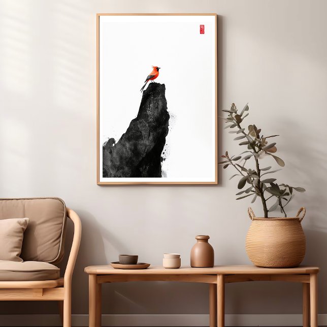 Red Kardinal Bird - Zen Bläck Tvättar Wall Poster (Skapare uppladdad)