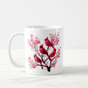 Red Kardinal Birds Rosa Cherry Blommar Träd Bird Kaffemugg