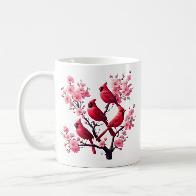 Red Kardinal Birds Rosa Cherry Blommar Träd Bird Kaffemugg (Vänster)