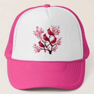 Red Kardinal Birds Rosa Cherry Blommar Träd Bird Keps