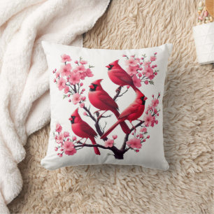 Red Kardinal Birds Rosa Cherry Blommar Träd Bird Kudde