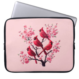 Red Kardinal Birds Rosa Cherry Blommar Träd Bird Laptop Fodral