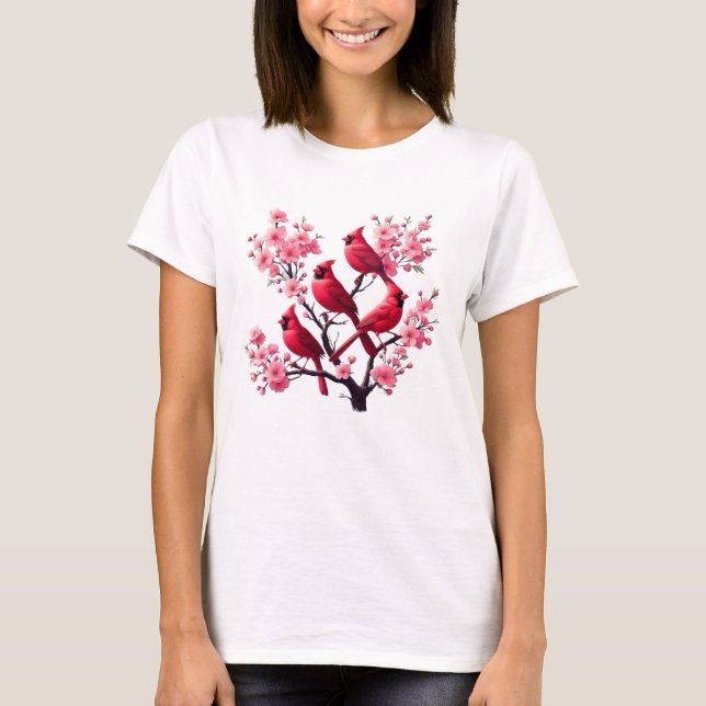 Red Kardinal Birds Rosa Cherry Blommar Träd Bird T Shirt (Framsida)