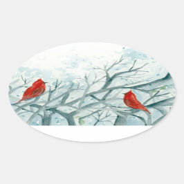 Red Kardinal Birds Winter Träd Watercolor Ovalt Klistermärke