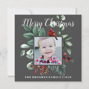 Red Kardinal Blommigt God jul Photo Card