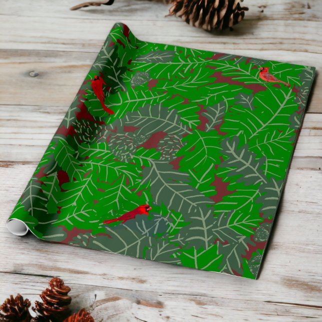 Red Kardinal Grönt Blad Brown Gräs Cones Acorns Presentpapper (Rustic Woodland All Occasion Gift Wrap)