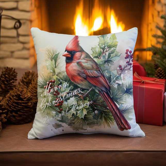Red Kardinal och Holly Festive Dekorativ kudde (Front)