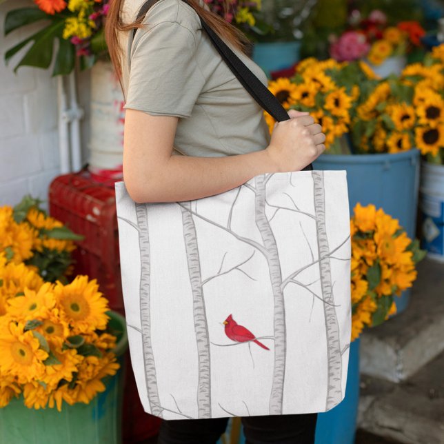 Red Kardinal Rustic Winter Träd Modern Land Tygkasse (Simple red cardinal in a birch tree tote bag tote bag)