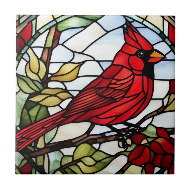 Red Kardinal Stached Glass Woodland Bird Kakelplatta (Framsidan)