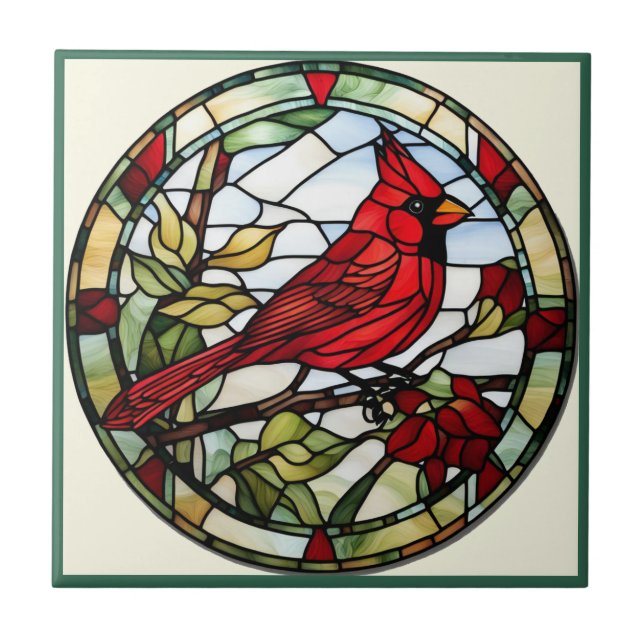 Red Kardinal Stached Glass Woodland Bird Kakelplatta (Framsidan)